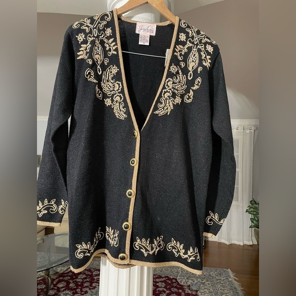Jaclyn smith women’s Vintage black metallic Embroidered, pearls design Cardigan - Picture 1 of 7